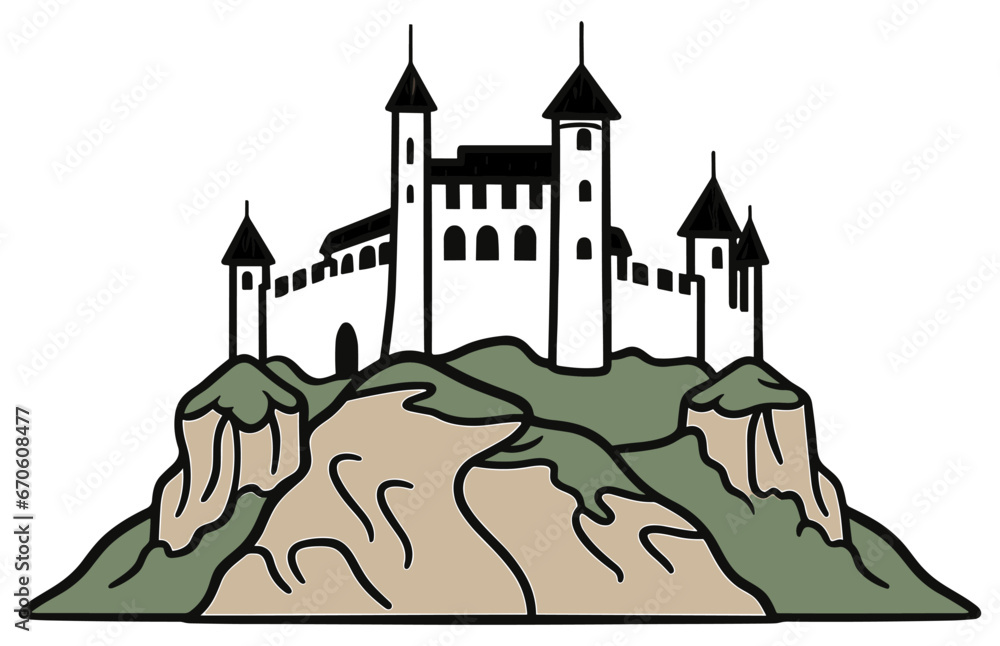 Medieval Castle on a Green hill. Fortified medieval stronghold or a hilltop fortress.