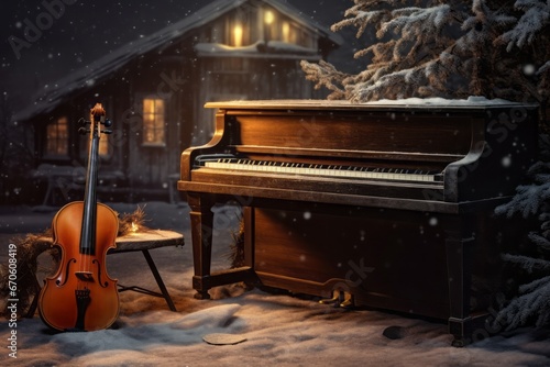 Winter colors and music, green tree, snow covered ground, outdoor violin and piano. © Dragan