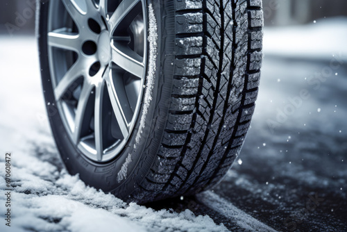 Car tire close up on an icy road in the mountains © Enigma