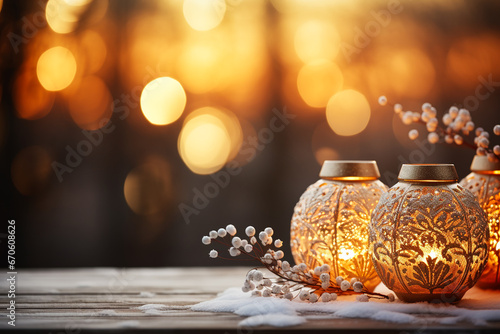 A lantern illuminates a snow-covered table outside in the winter snow. AI generativ.