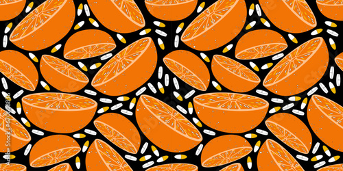 Vector pattern on a dark black isolated background with orange oranges and small capsules and tablets. Pattern on the theme vitamin C