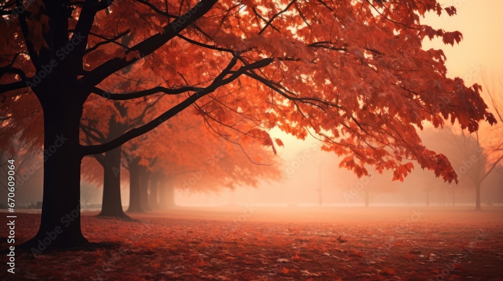 Orange tree with red-brown maple leaves in the park in autumn amidst the sunset mist