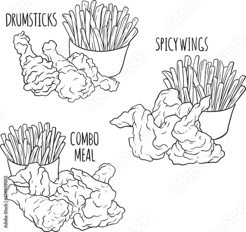 rench fries and fried chicken doodle. black line vector set photo