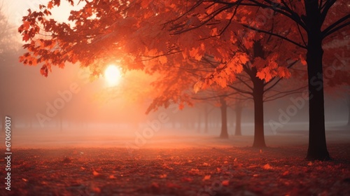 Orange tree with red-brown maple leaves in the park in autumn amidst the sunset mist © somchai20162516