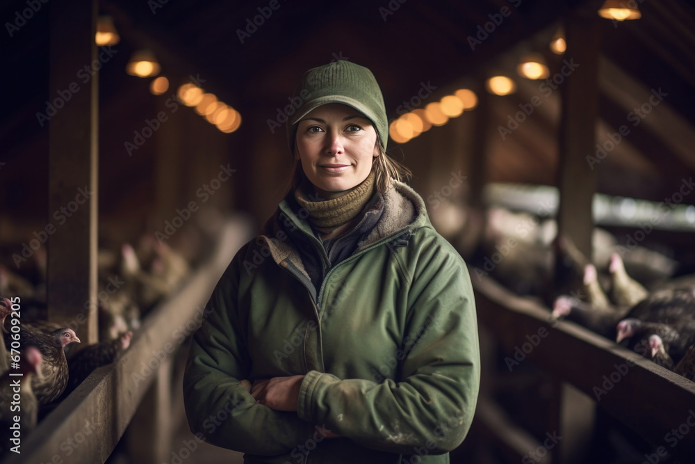 A smiling female chicken farmer stands with his arms folded in the poultry shed.