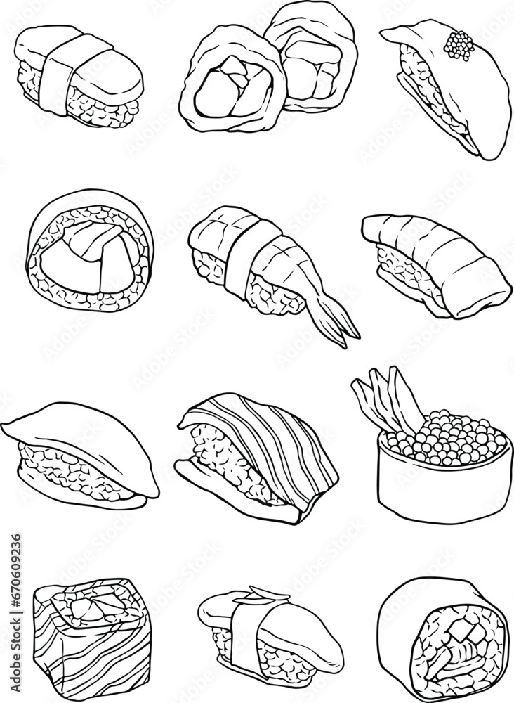 vector of sushi set. black line vector set