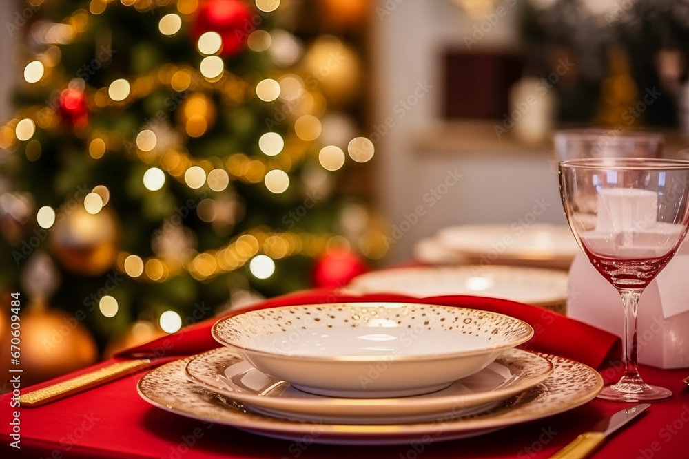 Christmas dinner table setting, New Year's decor with Christmas tree in the background Christmas dinner table setting, New Year's decor with Christmas tree in the background