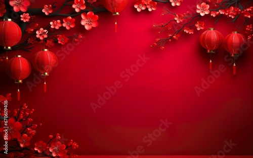 Spring Festival Stage Poster. Chinese New Year decorations on bright red background  copy space. Hanging lanterns  sakura