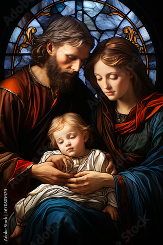  traditional Catholic art representation of the Holy Family.AI generativ.