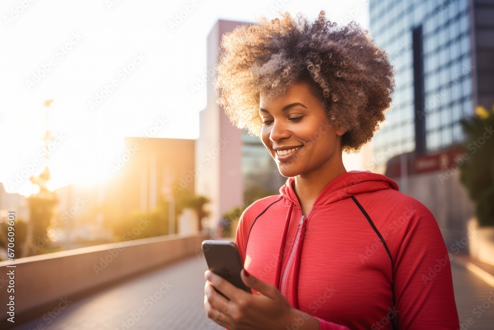 Athletic young African American woman in sports outfit with smartphone while training outdoor. Slender black lady resting after jogging or walking in city street. Active lifestyle in urban environment Athletic young African American woman in sports outfit with smartphone while training outdoor. Slender black lady resting after jogging or walking in city street. Active lifestyle in urban environment
