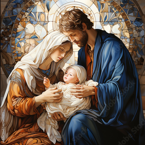 traditional Catholic art representation of the Holy Family.AI generativ. photo