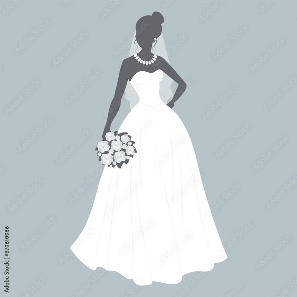 Bride in a wedding dress with a bouquet of flowers. Luxury wedding illustration, template for invitation, vector