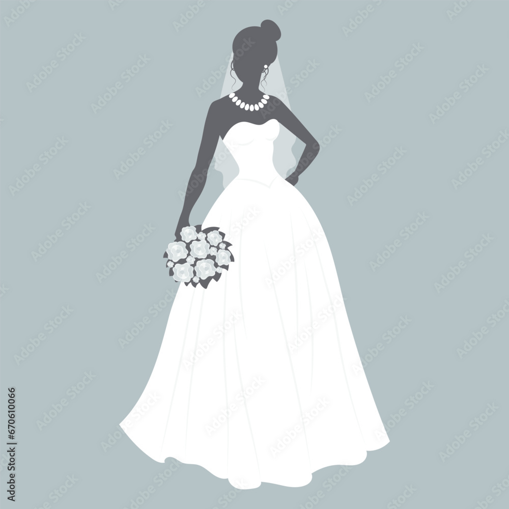 Bride in a wedding dress with a bouquet of flowers. Luxury wedding illustration, template for invitation, vector Bride in a wedding dress with a bouquet of flowers. Luxury wedding illustration, template for invitation, vector
