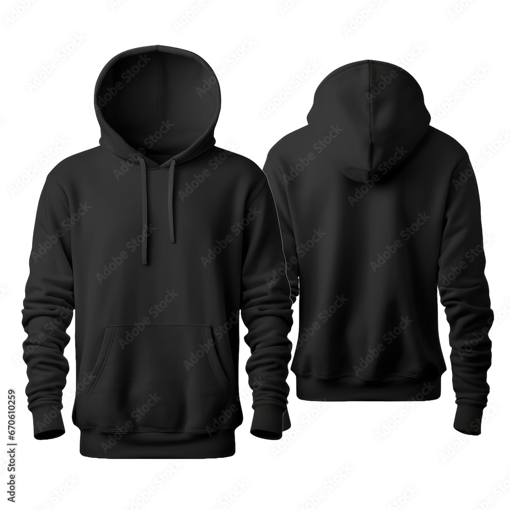 Black hoodie front and back view on transparent background Black hoodie front and back view on transparent background
