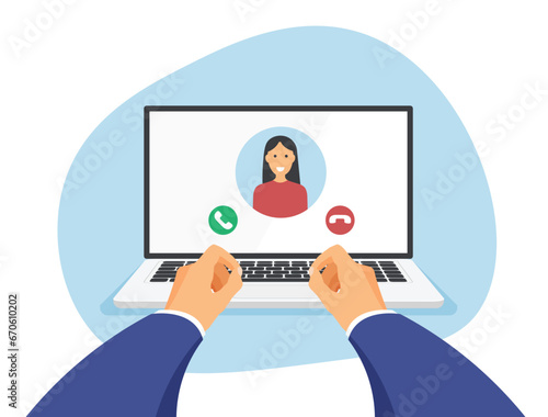 Video chat or conference on laptop screen. Working from home. Workplace and hands are typing on keyboard front view. Vector illustration on a trendy flat style isolated.