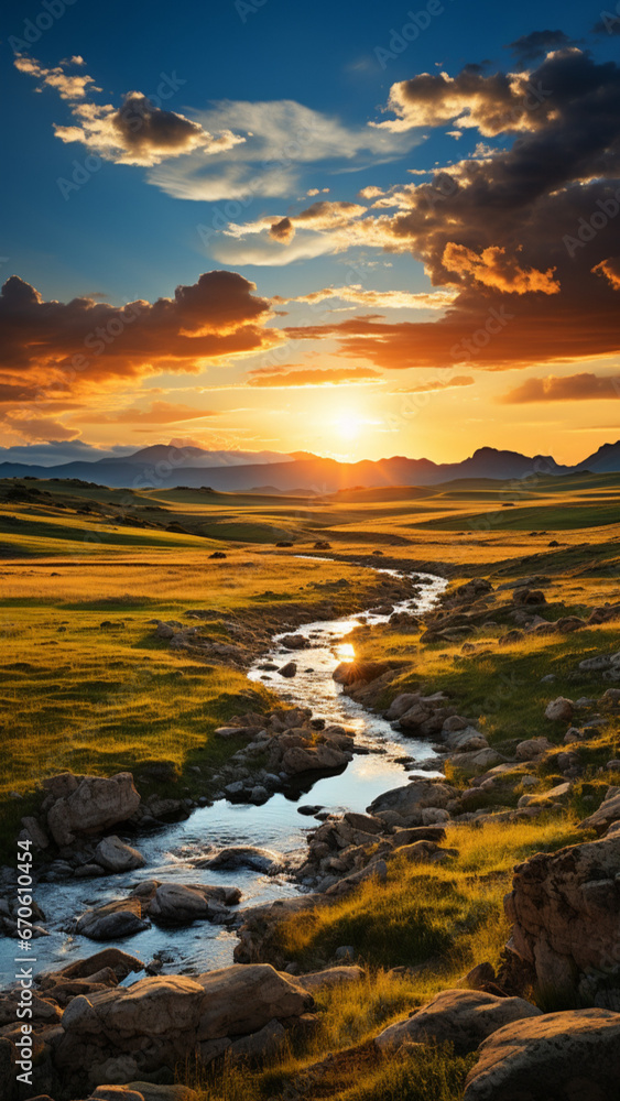 A dramatic image of a serene Mongolian landscape, bathed in golden sunlight, with the vast expanse of the steppe stretching to the horizon, Genghis Khan's 