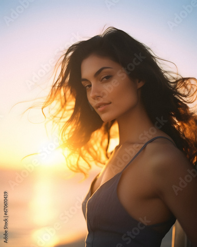 Beautiful Brunette Woman on Beach at Sunset © Aaron Wheeler