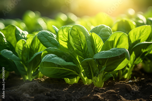 Spinach is growing on the farm. Close up. Spinach in the sun in the garden.
