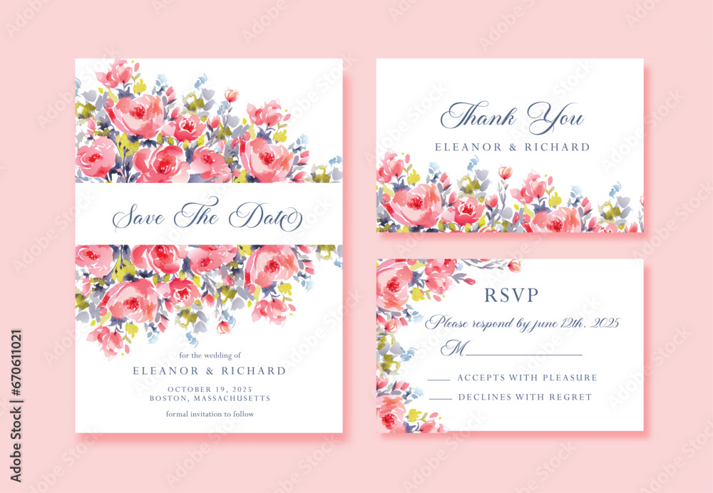Watercolor Pink Wedding Save The Date card with wild flowers, thank you and rsvp cards, vector template.