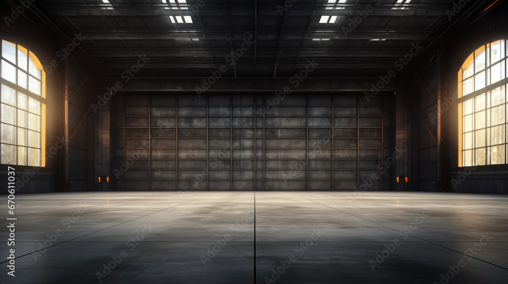 3d illustration of an empty warehouse with a lot of windows. 3d rendering of large hangar building and concrete floor.