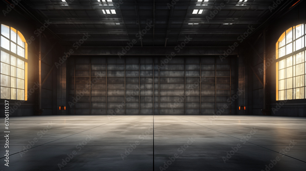 3d illustration of an empty warehouse with a lot of windows. 3d rendering of large hangar building and concrete floor. 3d illustration of an empty warehouse with a lot of windows. 3d rendering of large hangar building and concrete floor.