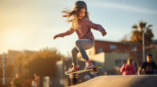 Young girl playing surf skate or skateboard in skate park photo