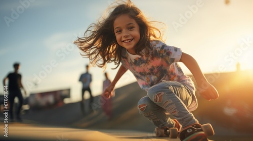 Young girl playing surf skate or skateboard in skate park