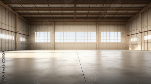 3d illustration of an empty warehouse with a lot of windows. 3d rendering of large hangar building and concrete floor.