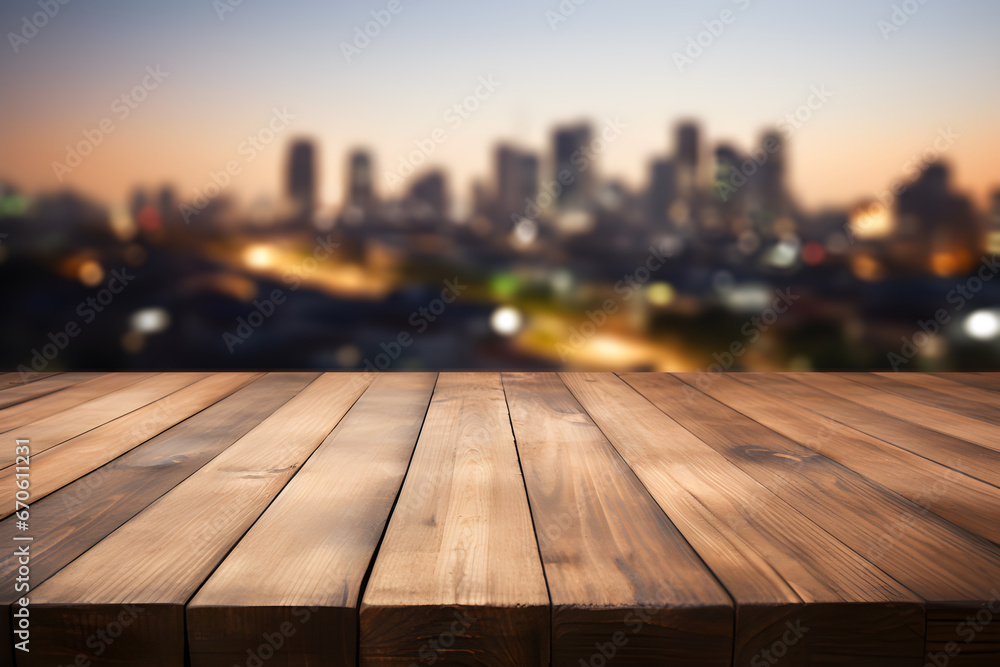 Empty wooden table light brown wood texture Blurred background, night city, bokeh, surreal lights Empty wooden table light brown wood texture Blurred background, night city, bokeh, surreal lights