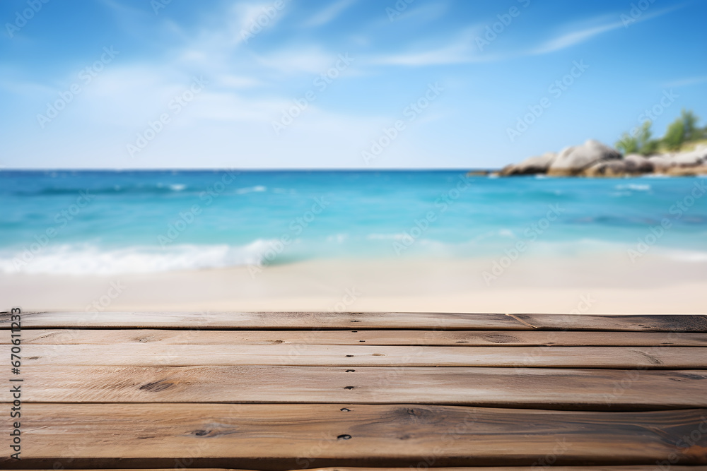 Empty wooden table light brown wood texture Blurred background, sea view and beach Empty wooden table light brown wood texture Blurred background, sea view and beach