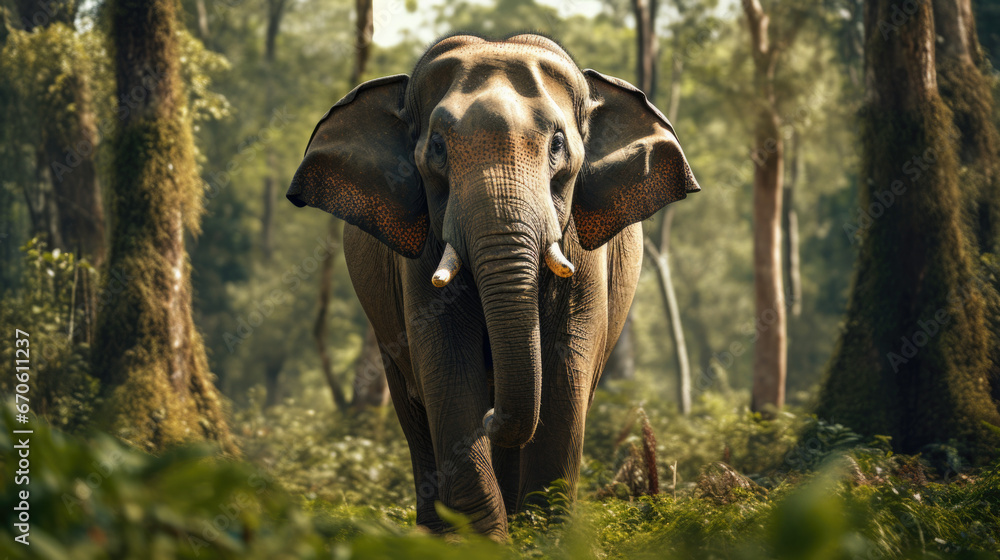 Asian elephant or Elephas maximus indicus roadblock walking head on in summer season and natural green scenic background safari.