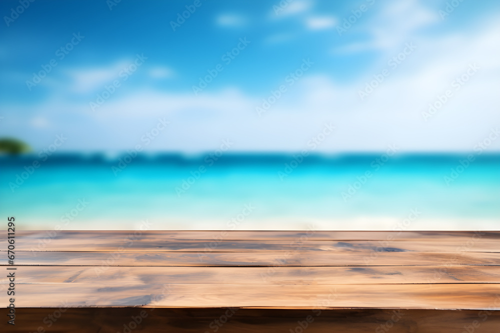 Empty wooden table light brown wood texture Blurred background, sea view and beach Empty wooden table light brown wood texture Blurred background, sea view and beach