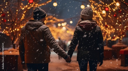 Couple walking under snowy trees, illuminated town pathway in evening. Winter holidays and love.