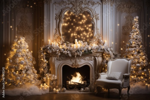 Christmas Studio Interior. Magic glowing fireplace in the living room © Denis
