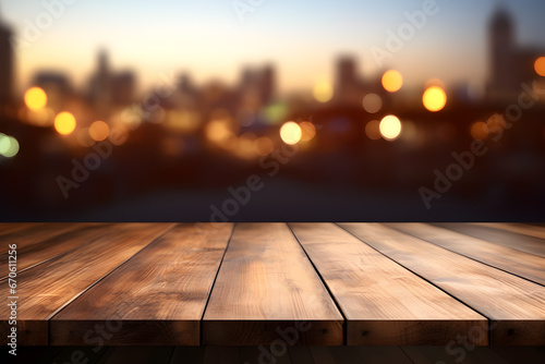 Empty wooden table light brown wood texture Blurred background, night city, bokeh, surreal lights © WITCHA