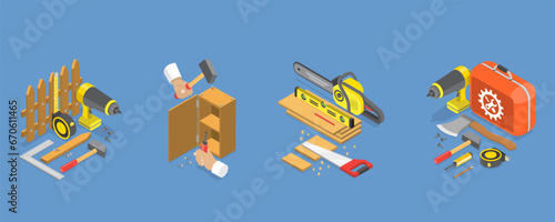 3D Isometric Flat Vector Illustration of Carpentry , Woodwork and Furniture Making