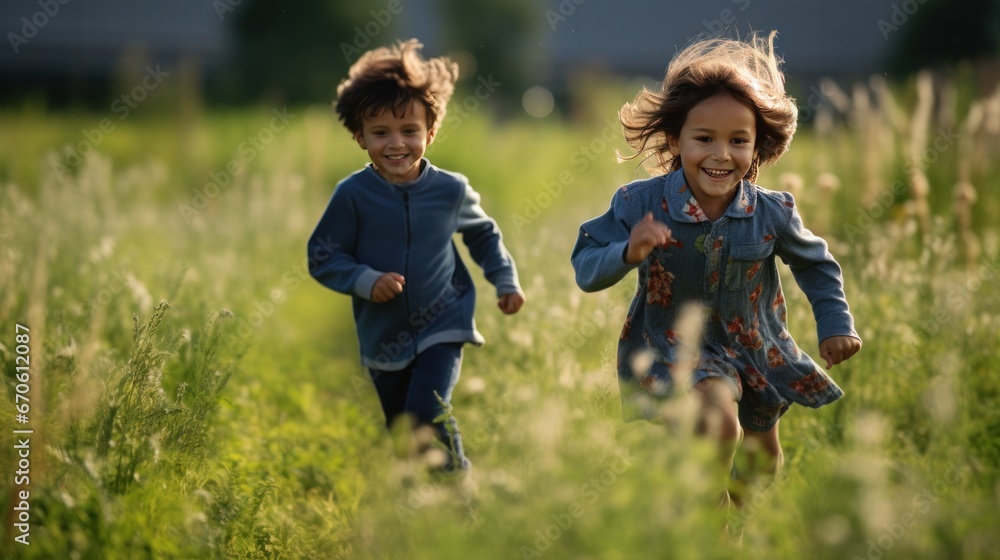 Two American kids jogging in the field Two American kids jogging in the field