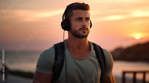 Strong athletic young man in sportswear, headphones holding akimbo at sunrise on the beach © somchai20162516