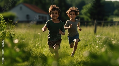 Two American kids jogging in the field