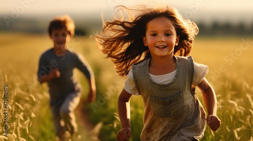 Two American kids jogging in the field