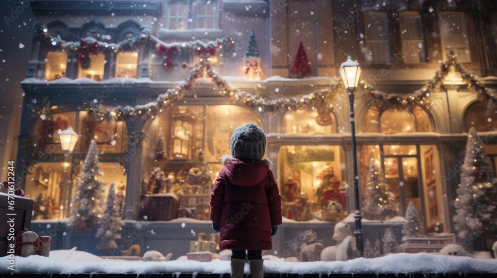 Child in knitted hat peers into shop filled with holiday plush toys. Gifts of the season.