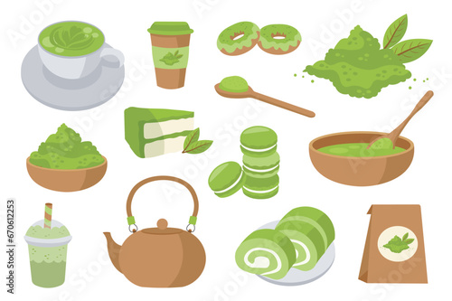Matcha tea mega set in flat cartoon design. Bundle elements of green powder, latte in mug, paper cup, teapot, desserts, traditional bowl and spoon, other. Vector illustration isolated graphic objects