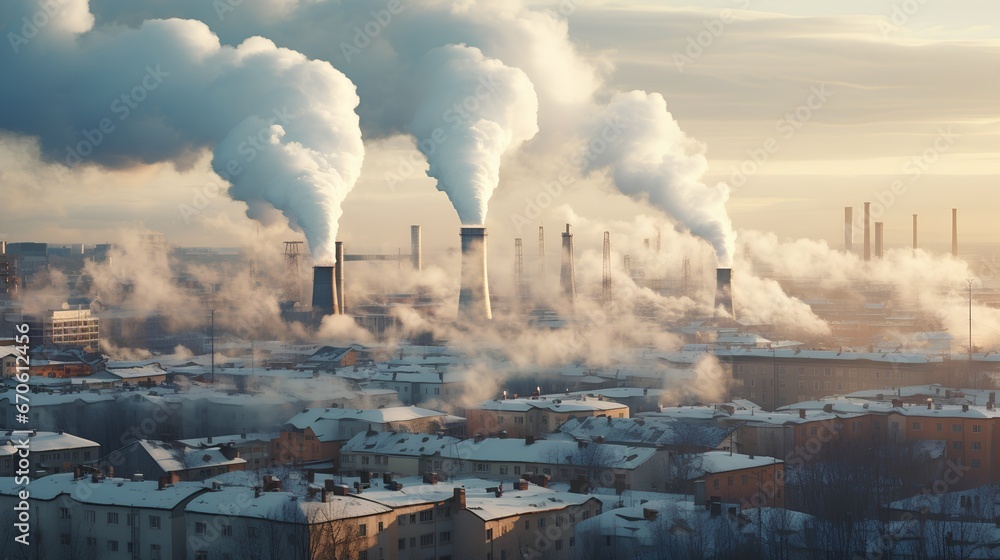 Winter heating season air pollution from burning. City central heating station CO2 or carbon
