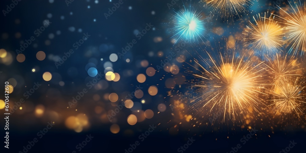 Naklejka premium Blue Bokeh Fireworks glitter Landscape background with copy space, New year holiday theme, count down