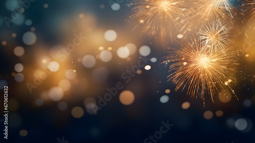 Blue Bokeh lights, blurry, Fireworks glitter Landscape background with copy space, New year holiday theme, count down