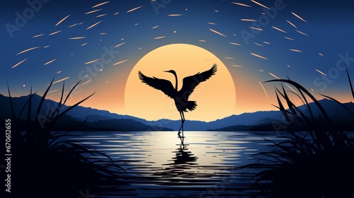 Silhouette of a crane engaged in a moonlit dance  waves applauding in the background.