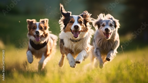 Three dogs playing in the grass