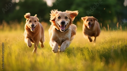 Three dogs playing in the grass
