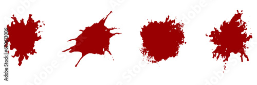 Paint Brush Splash Set. Blood Splatter, Dirty Bloodstain. Horror Red Ink Stain. Drop Spot Collection. Wine Spatter. Abstract Design Element with Grunge Texture. Isolated Vector Illustration