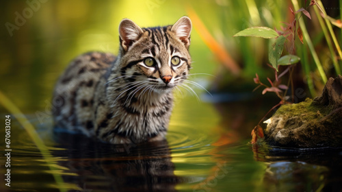 Fotografia Fishing Cat, prionailurus viverrinus, Adult standing in Water, Fishing